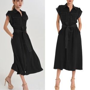 CIEBON Josette Button Up Black Midi Belted Shirt Dress